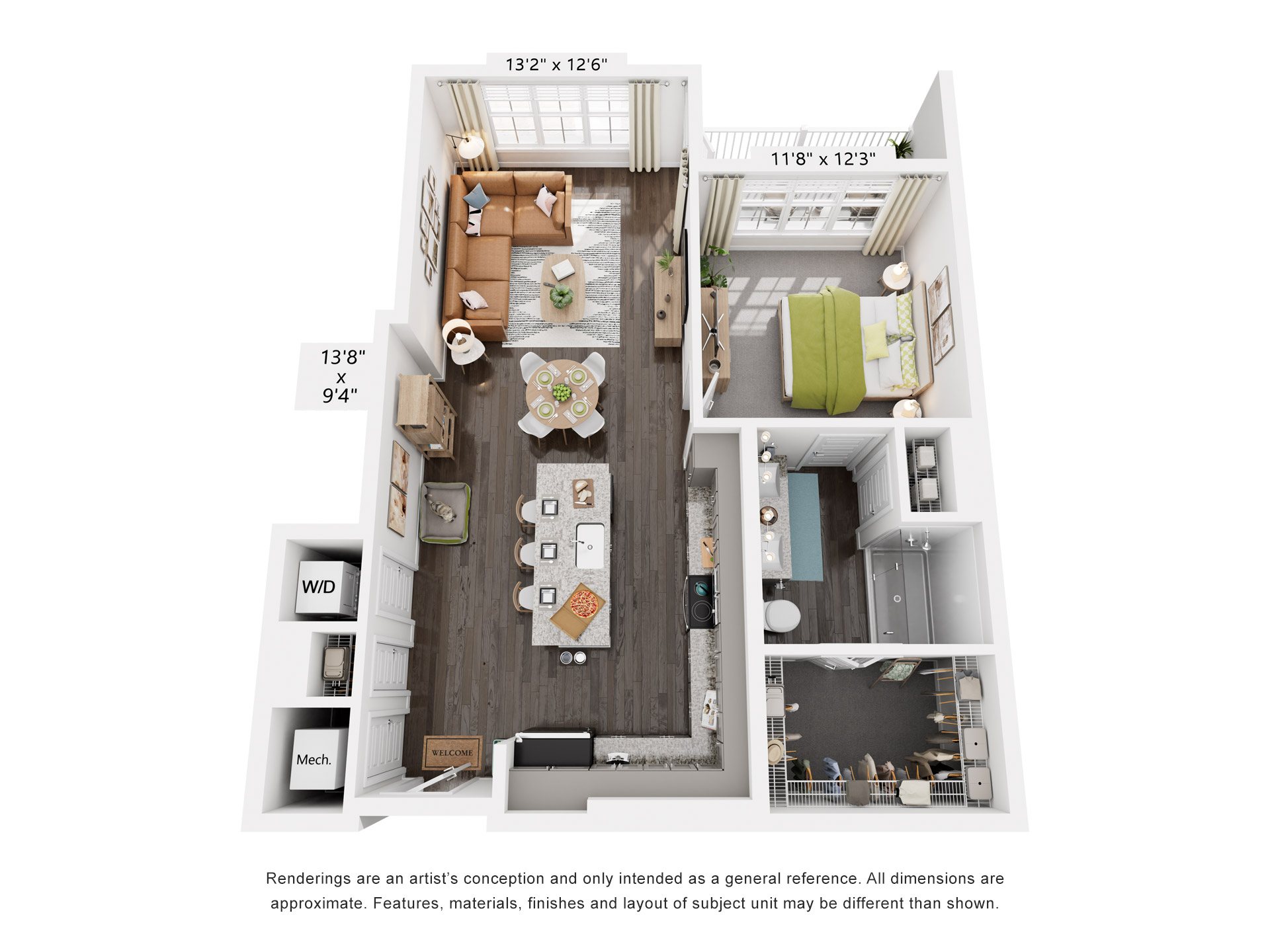 Floor plan for 1 bed, 1 bath, 839 sqft
